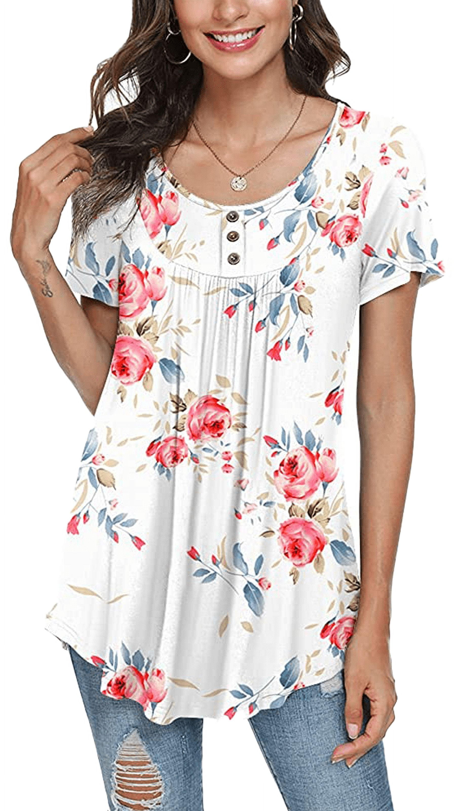 junefish women's summer pleated short sleeve tunic tops flare blouse