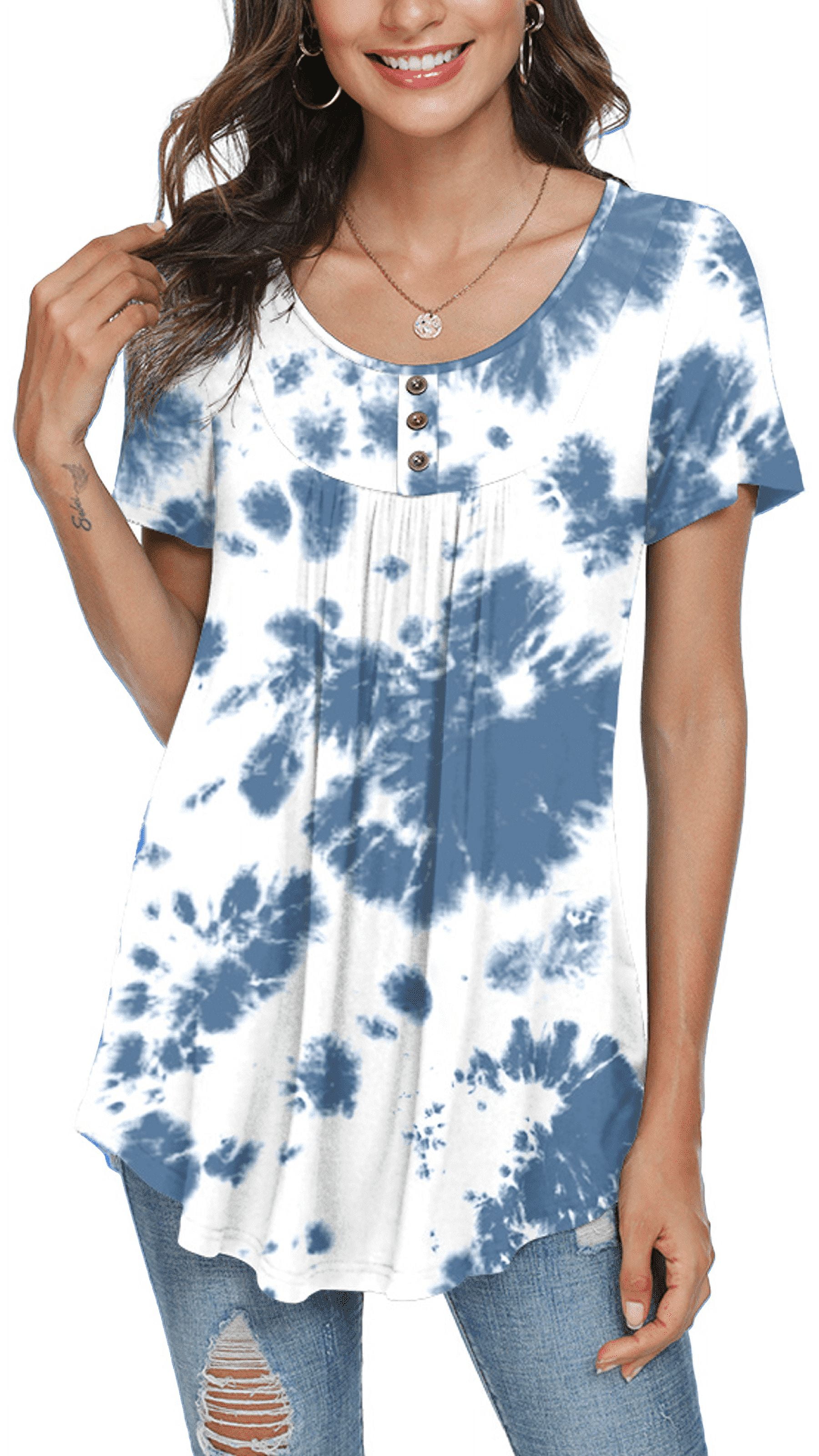 PPYOUNG Women's Summer Casual Short Sleeve Tunic Tops Fit Pleated Blouse Shirts