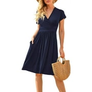 PPYOUNG Women's Summer Casual Short Sleeve V-Neck Short Party Dress with Pockets Navy Blue S