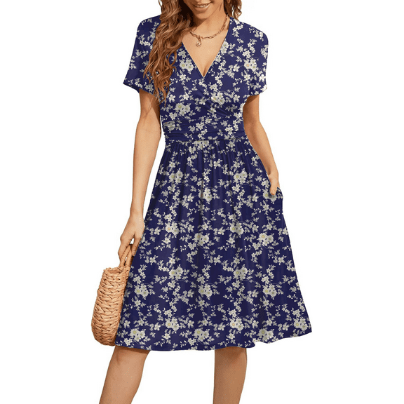 PPYOUNG Women's Summer Casual Short Sleeve V-Neck Short Party Dress with Pockets
