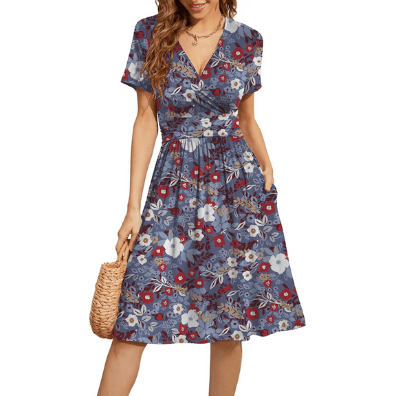 PPYOUNG Women's Summer Casual Short Sleeve V-Neck Short Party Dress with Pockets