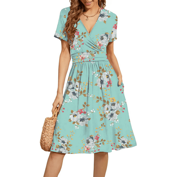 PPYOUNG Women's Summer Casual Short Sleeve V-Neck Short Party Dress with Pockets