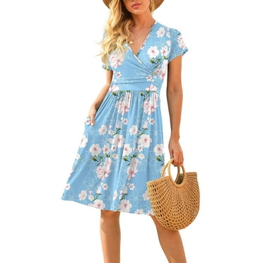 PPYOUNG Women's Summer Casual Short Sleeve V-Neck Short Party Dress with Pockets