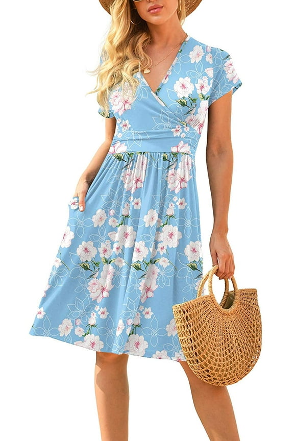 Women's Summer Casual Short Sleeve V-Neck Short Party Dress with Pockets