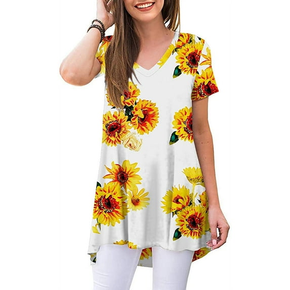 PPYOUNG Women's Summer Casual T-Shirt V-Neck Short Sleeve Tunic Tops for Leggings Loose Blouse Shirt