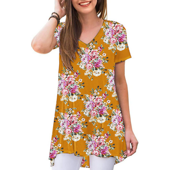 PPYOUNG Women's Summer Casual T-Shirt V-Neck Short Sleeve Tunic Tops for Leggings Loose Blouse Shirt
