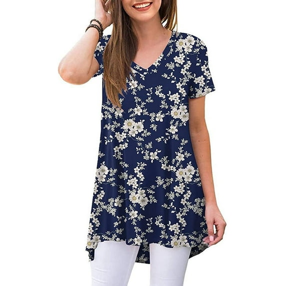 PPYOUNG Women's Summer Casual T-Shirt V-Neck Short Sleeve Tunic Tops for Leggings Loose Blouse Shirt