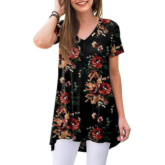 PPYOUNG Women's Summer Casual T-Shirt V-Neck Short Sleeve Tunic Tops for Leggings Loose Blouse Shirt