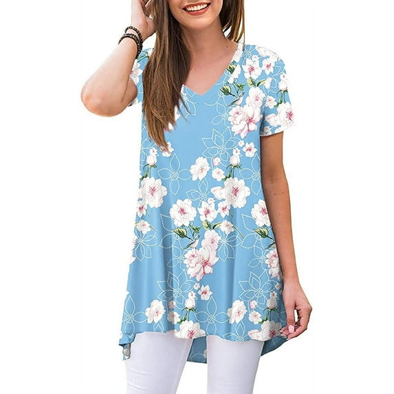 PPYOUNG Women's Summer Casual T-Shirt V-Neck Short Sleeve Tunic Tops for Leggings Loose Blouse Shirt