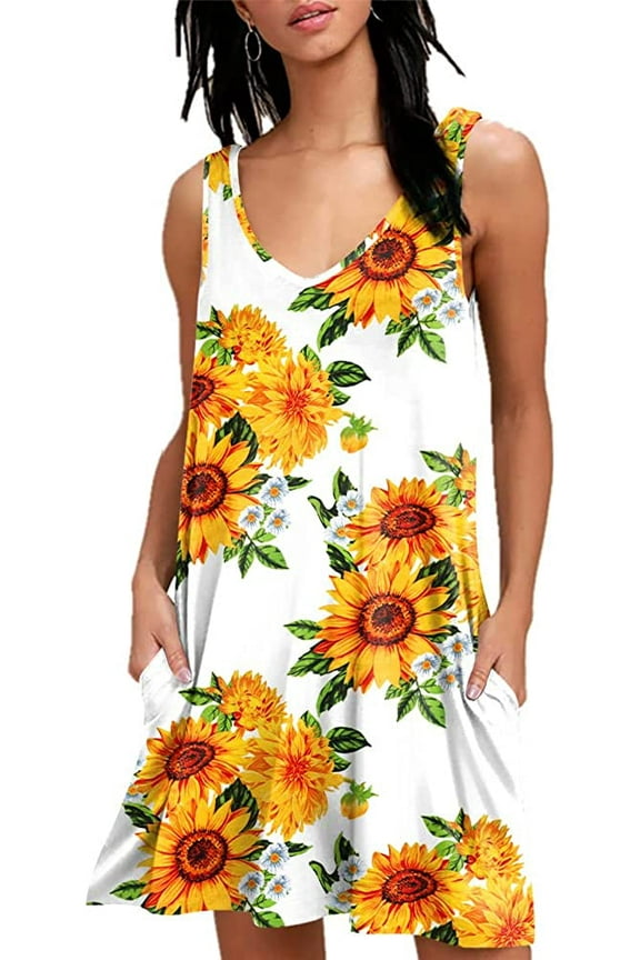 Women's Summer Casual V Neck T Shirt Dresses Simple Tank Vest Dress Beach Cover up