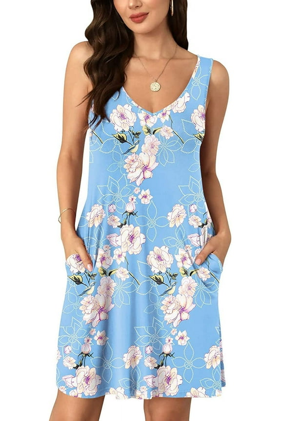 Women's Summer Casual V Neck T Shirt Dresses Simple Tank Vest Dress Beach Cover up
