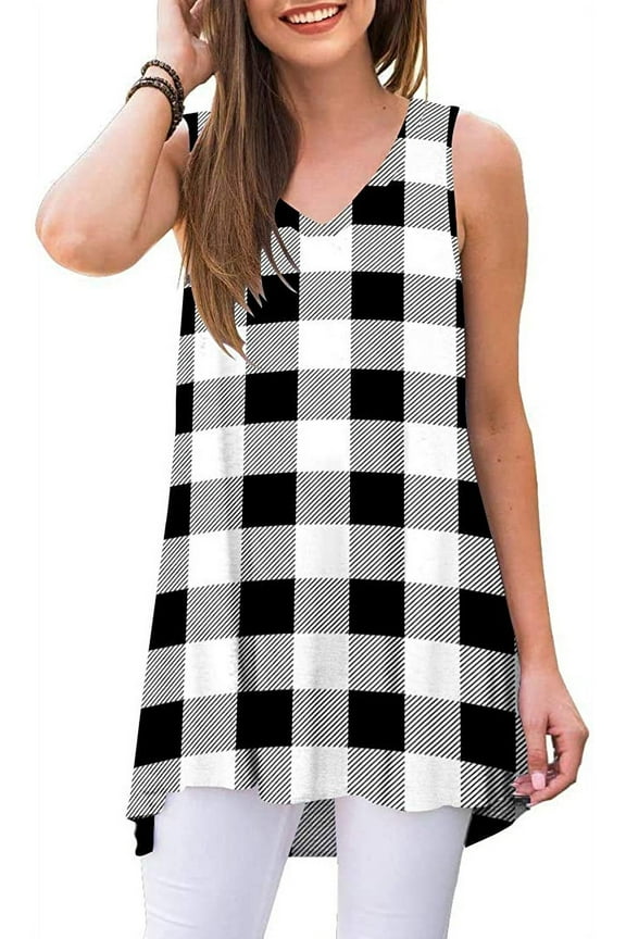 Womens Summer Casual Tank Tops Sleeveless V-Neck Tees Pleated Tunic Blouses Shirt