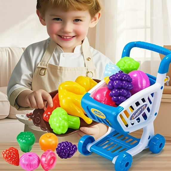 PPgejGEK 23pcs Blue Kids Grocery Cart Playset for Toddlers Ages above 3 Pretend Market Toy with Cutting Food Fruits and Accessories Role Play Kitchen Gift