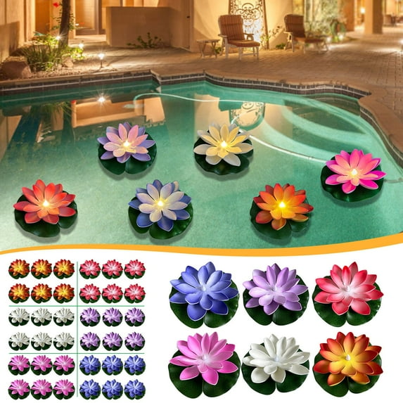 PPgejGEK 6 Pack LED Floating Lotus Flower Water Induction Light Night Light for Pool Pond Garden Decor Waterproof Rotating 15cm Warm White