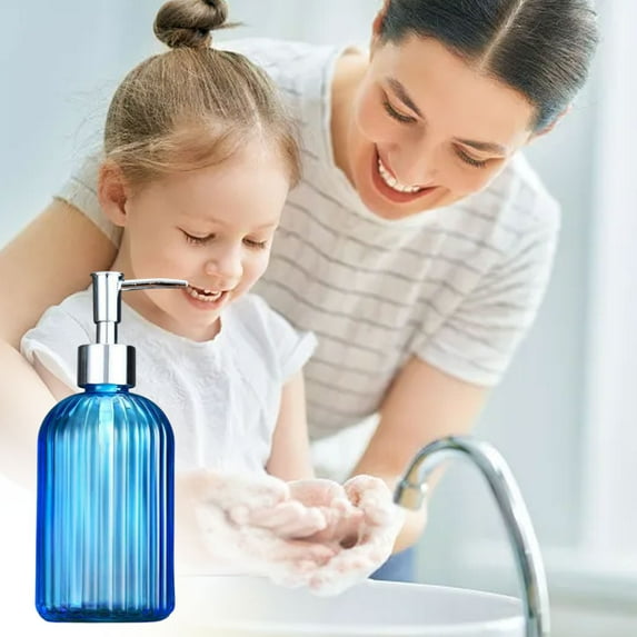 PPgejGEK 7.48x2.99x2.99-inch 400ML Vertical Stripe Hand Soap Dispenser Refillable Glass Bottle Blue