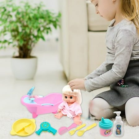 PPgejGEK 8 Inch Blinking Eyes Enamel Doll Bath Set, Kids Pretend Play House Bathing Doll Toy with 8 Accessories, PVC Realistic Doll Bathtub Playset, Christmas Gift for Boys Girls Kids Ages 3+