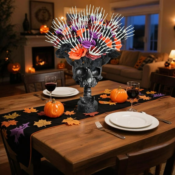 PPgejGEK Artificial Flower Skull Hand with Black Rose 49x9cm 19.29x3.54in Halloween Decoration for Party Wedding Home Decor Realistic Silk Floral Arrangement