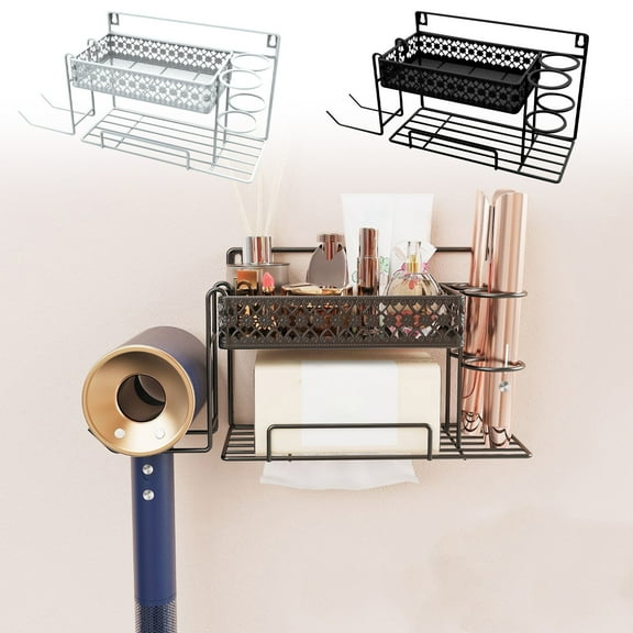 PPgejGEK Bathroom Wall Mounted Hair Dryer Organizer 26x11x17cm/10.2x4.3x6.7in Multi-Functional Storage Stand for Paper Towel Dryer Black White