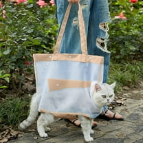 PPgejGEK Beige Transparent Nylon Mesh Cat Carrier Bag, 26.3x12.6x7 Inches Foldable Breathable Pet Tote with Legs Out Design for Outdoor Walking Travel