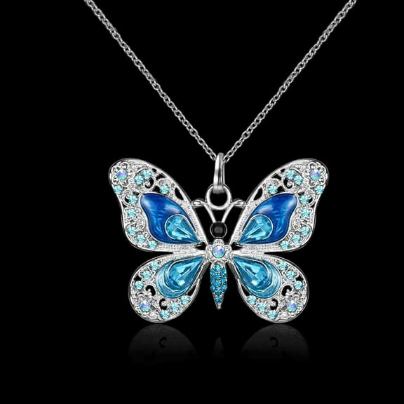 PPgejGEK Blue Butterfly Pendant Necklace Color Dripping Oil Jewelry Sweater Accessory