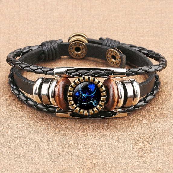 WWG Bracelets for Women 12 Constellation Bracelet Leather Rope Bracelet Ladies Men Hand Woven Rope Bracelet Punk Chain Cuffs for Valentine's Day Mother's Day Christmas Birthday Gifts