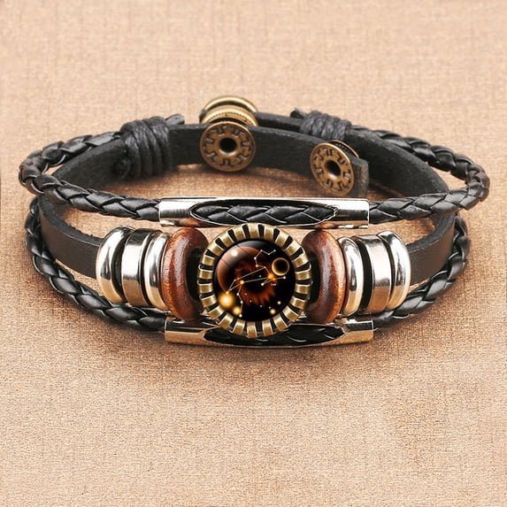 WWG Bracelets for Women 12 Constellation Bracelet Leather Rope Bracelet Ladies Men Hand Woven Rope Bracelet Punk Chain Cuffs for Valentine's Day Mother's Day Christmas Birthday Gifts