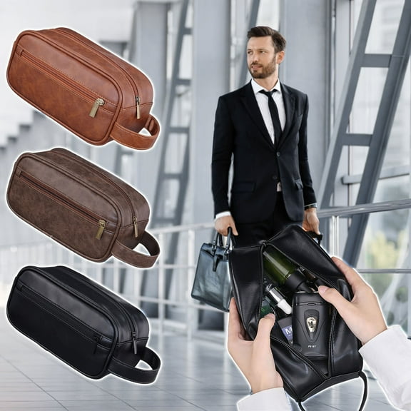 PPgejGEK Business Travel Toilet Bag Portable Men's Shaving Kit 23x11x9cm/9.06x4.33x3.54in Large Capacity PU Material for Outdoor Cosmetics Storage Brown Coffee Black