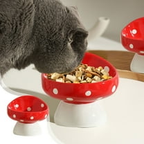 PPgejGEK Ceramic Cat Bowl with Elevated Neck Support - Mushroom Shaped Pet Food Water Bowl, Tilted Non-Slip Feeder for Cats, Red