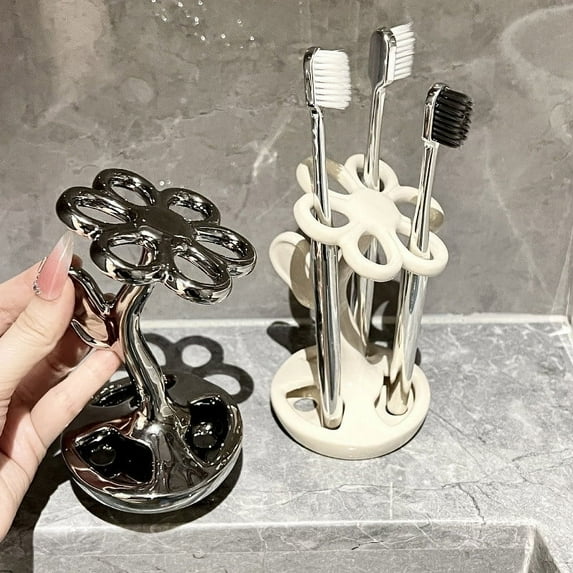 PPgejGEK Ceramic Flower Toothbrush Storage Rack Bathroom Wash Makeup Base Holder Multifunctional Organizer for Toothbrushes Cosmetics Small Items Decorative