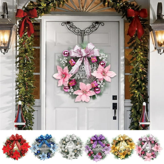 PPgejGEK Christmas Flower Wreath with Bow 30x30cm 11.81x11.81in Rattan Door Hanging Decoration for Holiday Party Scene Setting