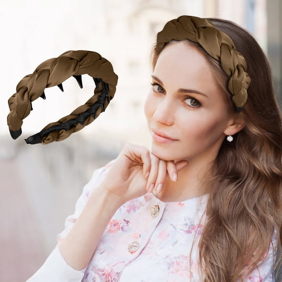 WWG Coffee Satin Braided Headband with Tooth Comb - Non-Slip Hair Accessory for Christmas Valentine's Day Gift