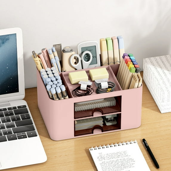 PPgejGEK Desktop Organizer with 2 Drawers 5 Compartments Transparent Plastic Pen Holder 19.5x14x10cm/7.7x5.5x3.9in Blue Pink White
