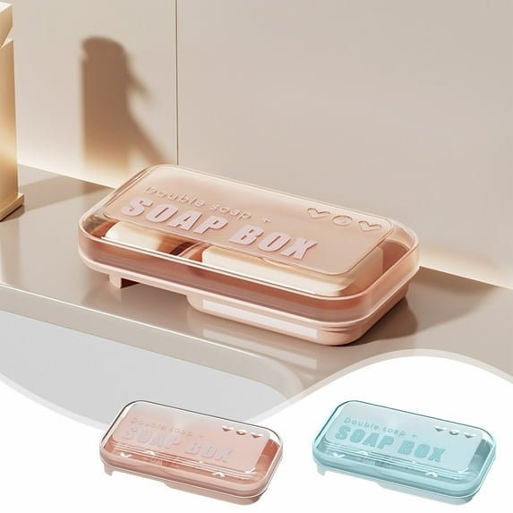 PPgejGEK Double Compartment Soap Dish with Drainage Holes, 7.87x4.33x1.57 Inch Bathroom Storage Box with Lid, Plastic Soap Holder for Shower Sink Countertop, Pink and Blue Colors