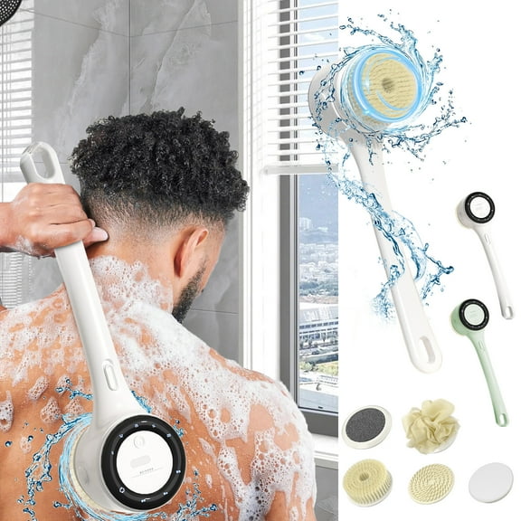 PPgejGEK Electric Body Shower Brush with 5 Replaceable Heads Rechargeable Waterproof IPX7 Back Scrubber Exfoliating Massage Deep Cleansing Rotating White Green