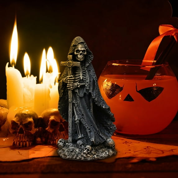 PPgejGEK Grim Statue Holding Santa Muerte Statue Gothic Decor Figurine Resin Horror Statue For Halloween Decorations Indoor Holiday Gifts