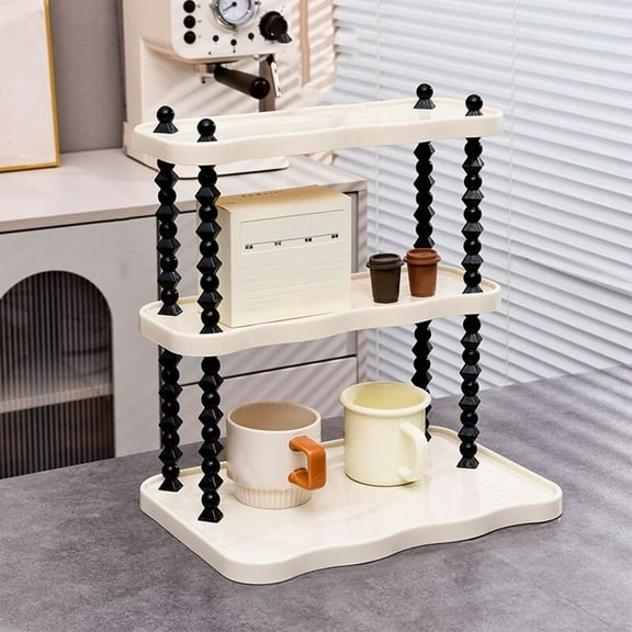WWG Ins Style Desktop Organizer Shelf for Cups Tea Set Sturdy Storage Rack with Cream Yellow Frame Black Rods Countertop Organizer 14 x 10 x 8 Inches
