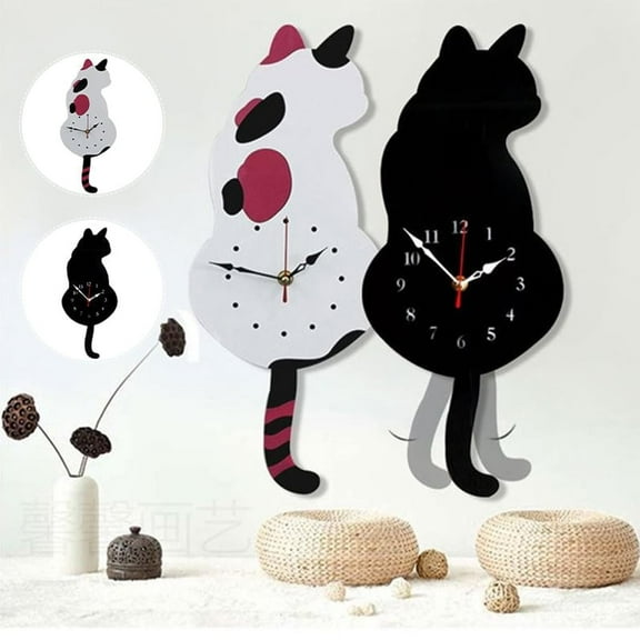 PPgejGEK Living Room Wall Clock with Wagging Tail Cat Design, Quartz Operated Silent Decorative Clock for Home, Acrylic Funny Pet Lover Gift for Kitchen Bedroom Office Decor