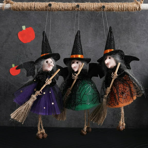 PPgejGEK Lovely Hanging Witch Decor for Halloween, Cloth Figurine with Broomstick, Indoor Outdoor Ornament for Party, Fireplace, Door – Vintage Style