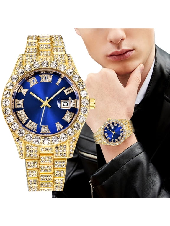 WWG Men's Luxury Iced Out Watch Gold Stainless Steel Band Blue Dial Roman Numerals with Date Calendar, Ideal for Christmas Birthday Gifts
