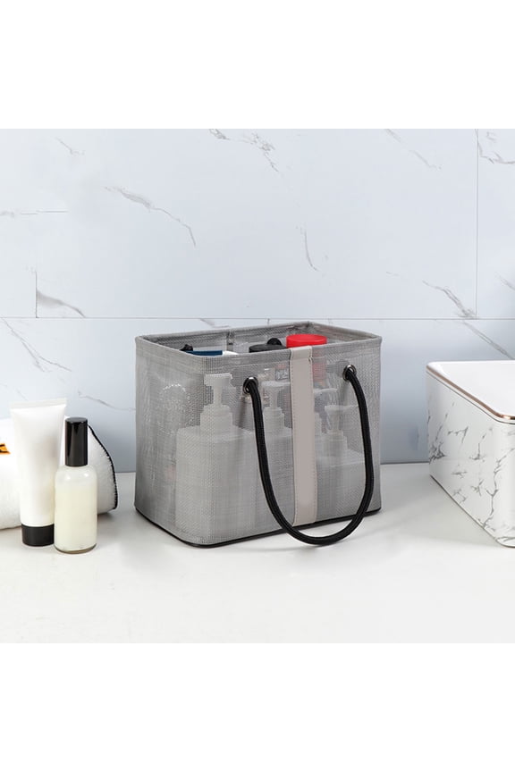 Metal Frame Polyester Shower Caddy Toiletry Bag Foldable Hanging Organizer with Handle for Bathroom Travel Drain Holes Easy Access Black Gray