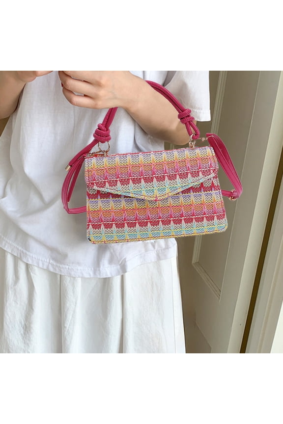 Mini Straw Woven Small Bag Women Contrast Color Stripes Shoulder Crossbody Bag Foreign Style Handbag 23 x 13 x 5 cm / 9.06 x 5.12 x 1.97 inches Light Blue Purple Hot Pink Khaki