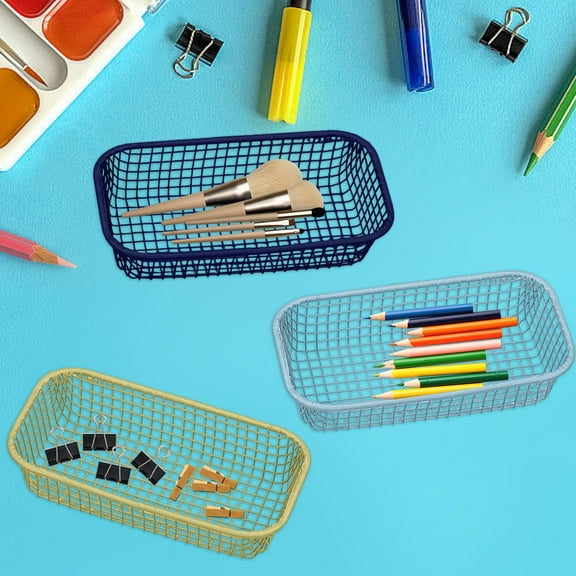 PPgejGEK Miscellaneous Iron Storage Basket, Student Office Desktop Organizer, 16.5x8x4cm/6.5x3.15x1.57in, Wire Mesh Pen Stationery Holder, Sky Blue/Yellow/Blue, Dorm Desk Tray