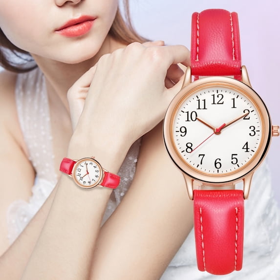 WWG Numerals Classic Fashion Leather Strap Watch Women's Quartz Analog Red