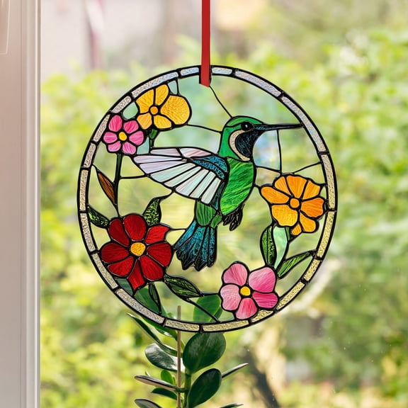 PPgejGEK One Day Hummingbird Stained Glass Window Pendant, Sun Catcher Hanging Decor with Chain for Living Room Kitchen Window Decoration