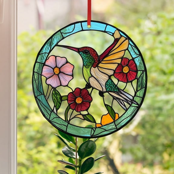 PPgejGEK One Day Hummingbird Stained Glass Window Pendant, Sun Catcher Hanging Decor with Chain for Living Room Kitchen Window Decoration