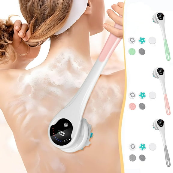PPgejGEK Rechargeable Back Scrubber for Shower with Long Double Handle 5 Brush Heads Waterproof Rotating Shower Brush for Deep Cleansing Exfoliating and Massaging