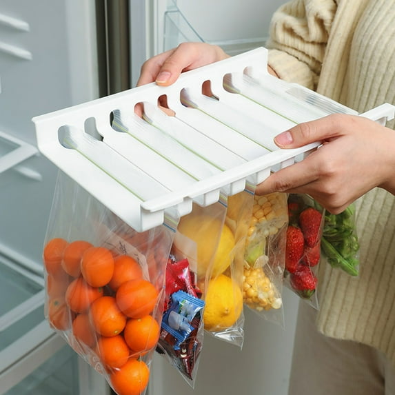 PPgejGEK Refrigerator Ziplock Bag Storage Rack, Fresh-keeping Bag Organizer with Slide Rail, Hanging or Adhesive Mount, 30x18.3x6.2cm, White