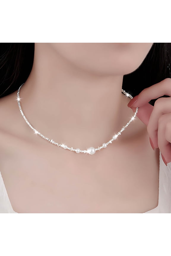 Rice Bead Choker Necklace Wedding Pearl Collar Necklace White Bead Necklace Bridal Pearl Necklace Silvery Luck Star Necklace Chain Jewelry for Women Sales