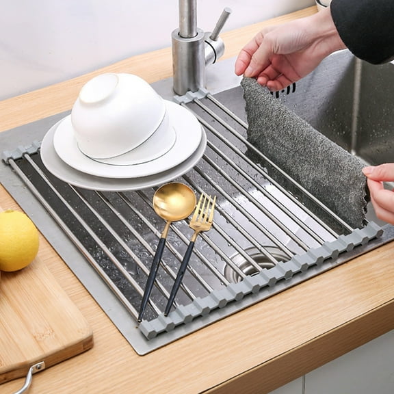 PPgejGEK Roll Over Sink Dish Drying Rack Foldable Kitchen Rolling Dish Drainer Stainless Steel Wire Drying Mat for Counters Savings