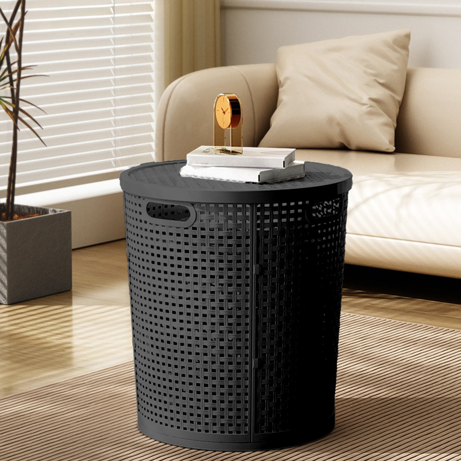 PPgejGEK Round Laundry Basket with Lid, Large Capacity Imitation Rattan Dirty Clothes Hamper, 42x38x33cm/16.53x14.96x12.99in, Plastic, Black/Gray/White, for Toys Storage, Ventilated